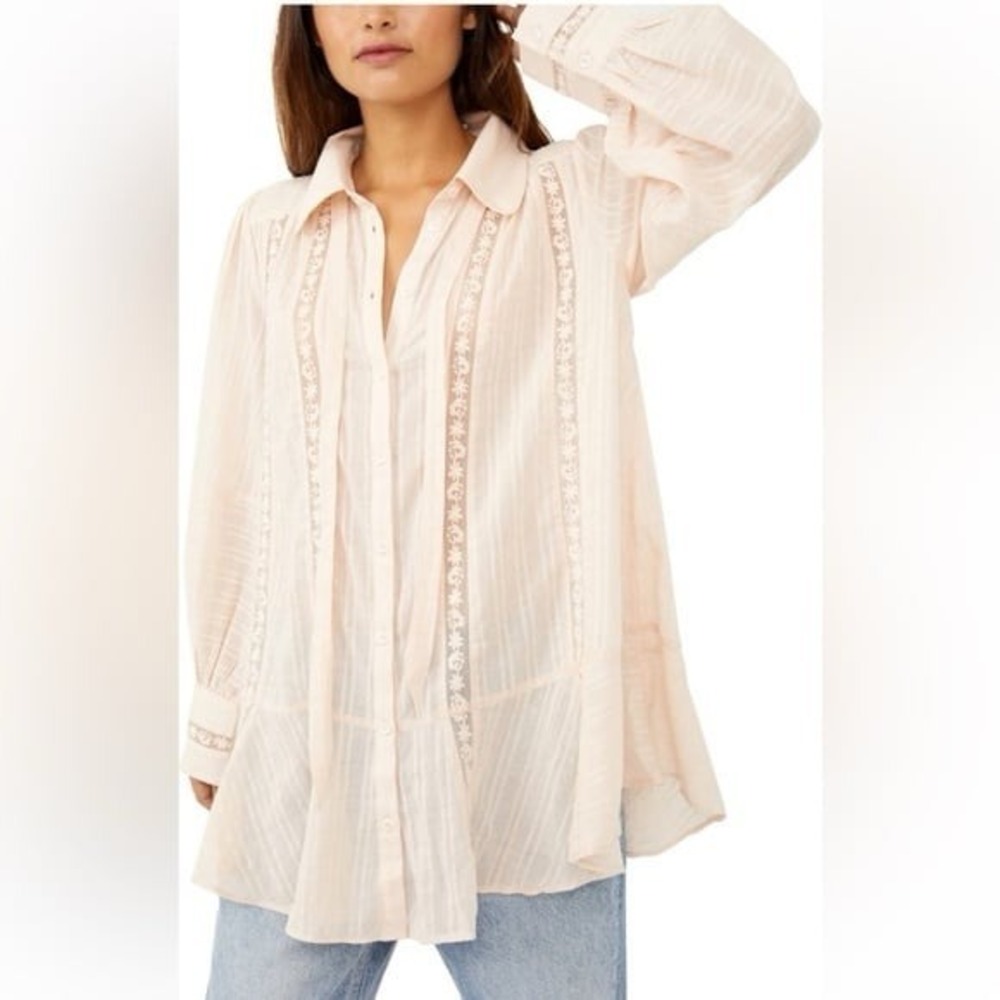 Free People Mikaela Tunic Blush Pink Embroidered Button Down Top Medium